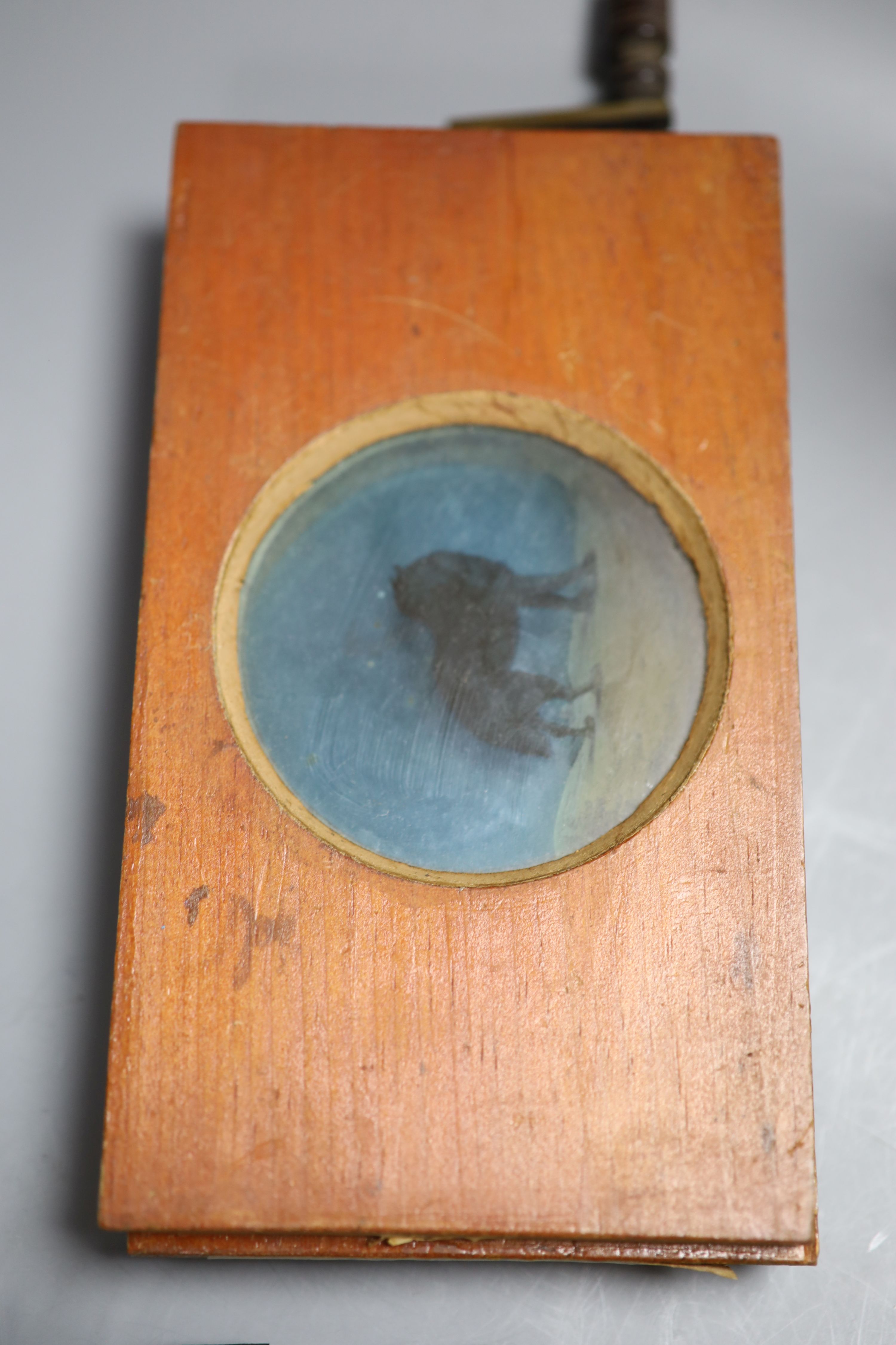 Mixed collectables including quantity of lantern slides, a hardstone carving, a Studio pottery dish, etc.